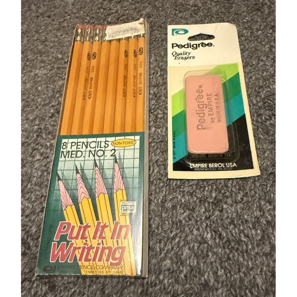 Vintage 1995 Pentech No 2 Pencils 8 Pack + Pedigree Eraser 1977 NOS